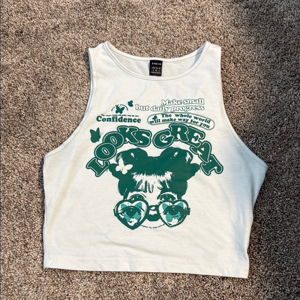 SHEIN White Crop Top with Green Graphic